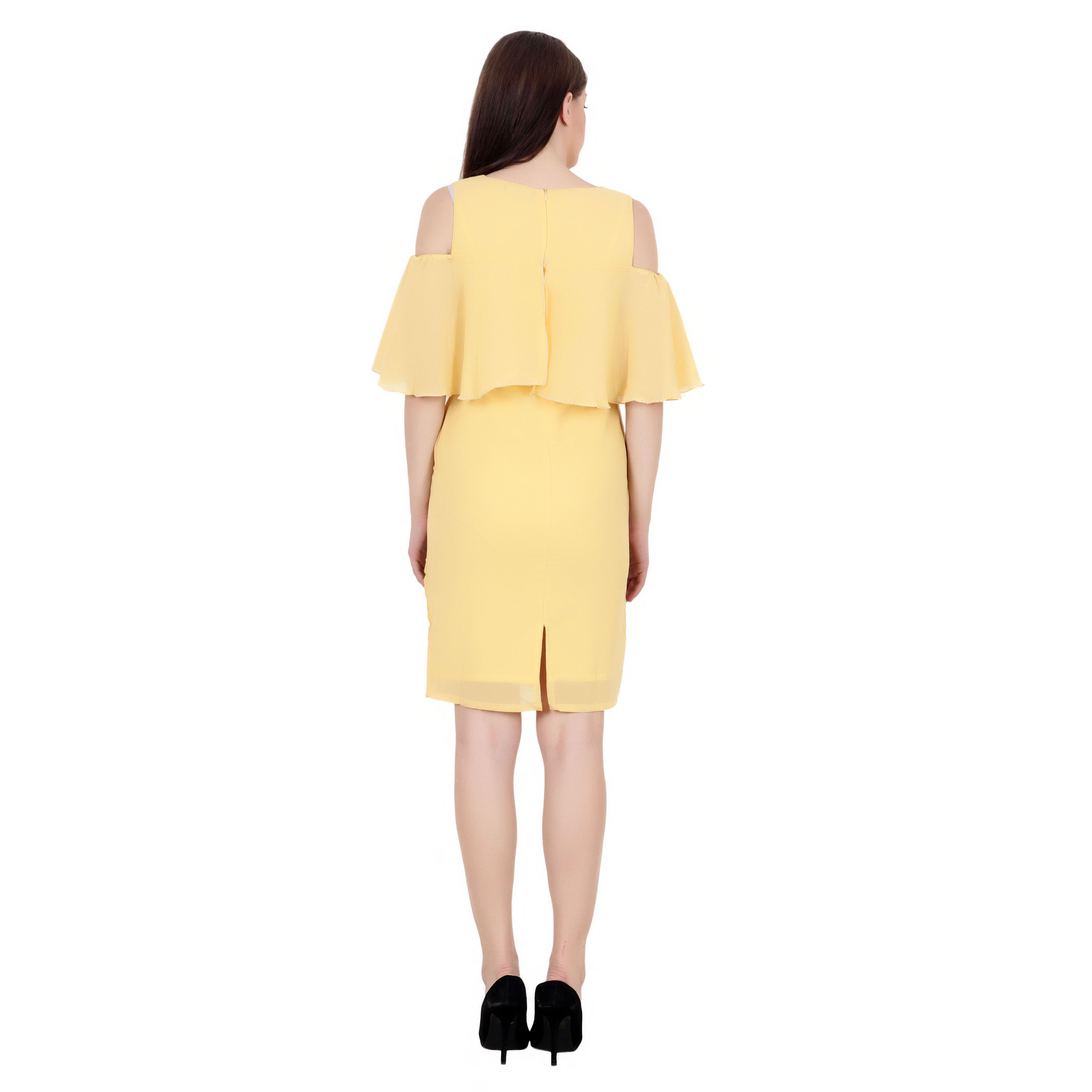 YELLOW MIDI RUFFLE CAPE DRESS